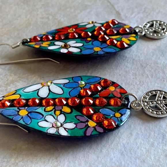 Large peace sign ☮️earrings, handpainted sterling wears OOAK statement piece - Picture 6 of 8